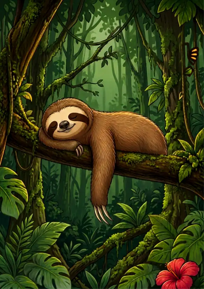 Don Perez, a sleepy sloth, napping on a mossy branch in the Costa Rican rainforest