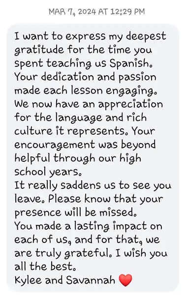 Message from former students Kylee and Savannah thanking Miss Elisa for her Spanish class, March 7 2024